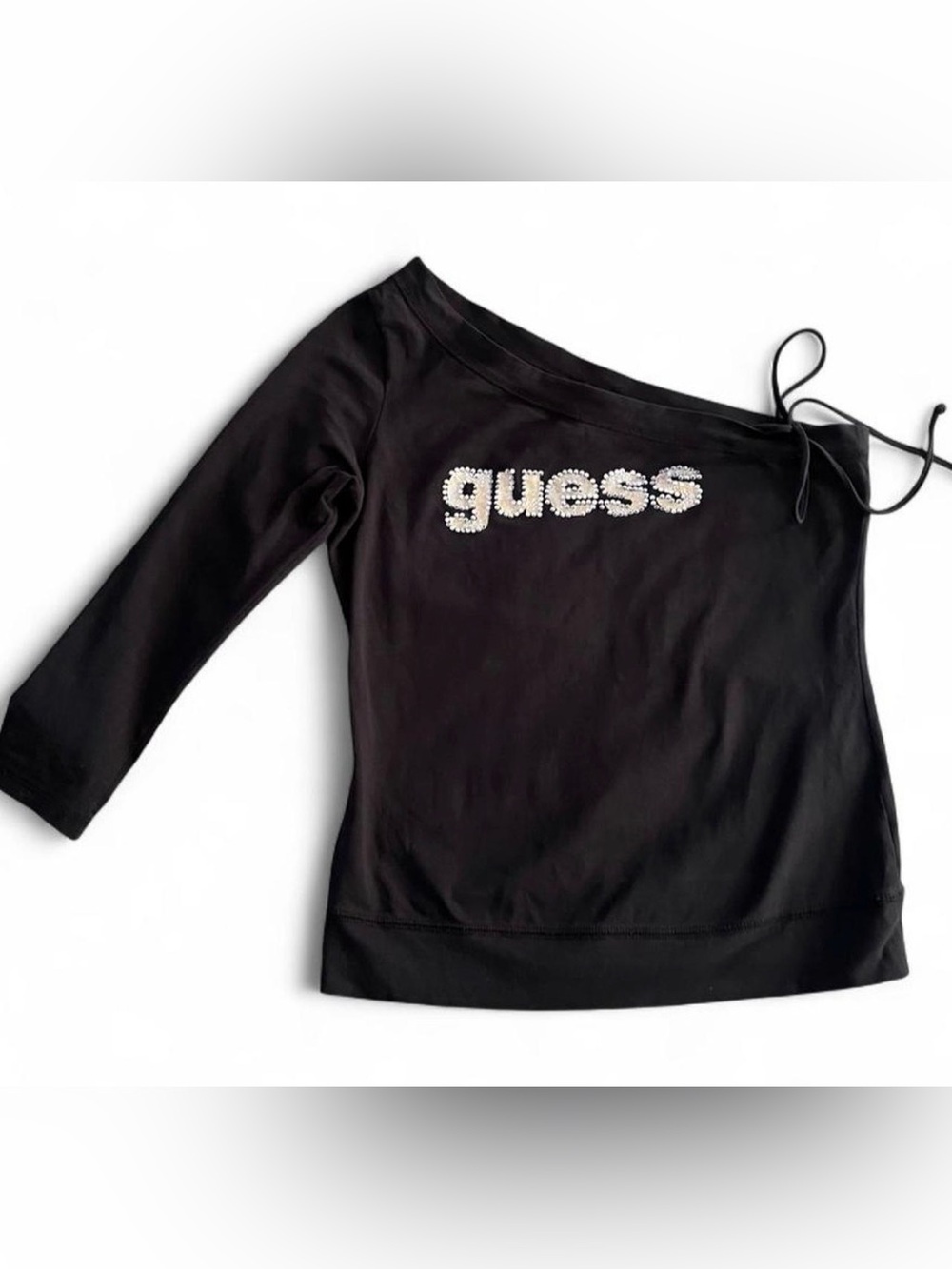 Vintage GUESS Jeans Marciano Black Rhinestone Logo One Shoulder Top Large Y2K
